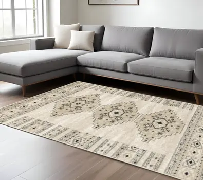7' X 9' Gray And Ivory Southwestern Area Rug