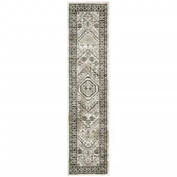 2' X 8' Ivory Grey Black And Ivory Oriental Power Loom Stain Resistant Runner Rug