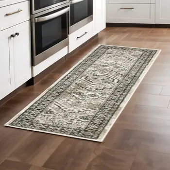 2' X 8' Ivory Grey Black And Ivory Oriental Power Loom Stain Resistant Runner Rug