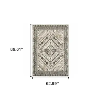 5' X 7' Ivory Grey Black And Ivory Oriental Power Loom Stain Resistant Area Rug