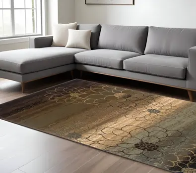 7' X 10' Brown Beige And Black Floral Area Rug