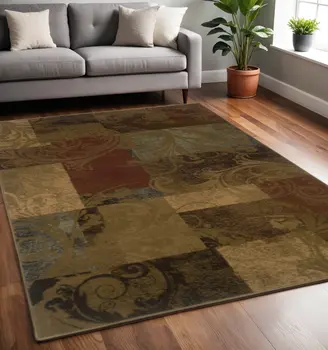 5' X 8' Green And Red Geometric Power Loom Stain Resistant Area Rug
