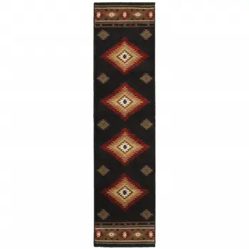 8' Black And Green Southwestern Runner Rug