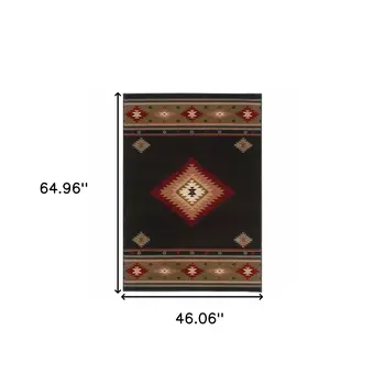 4' X 6' Black And Green Southwestern Power Loom Stain Resistant Area Rug