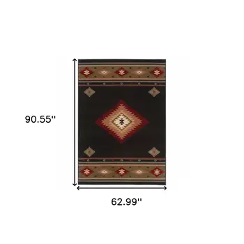 5' X 8' Black And Green Southwestern Power Loom Stain Resistant Area Rug