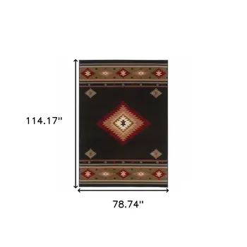 6' X 9' Black And Green Southwestern Power Loom Stain Resistant Area Rug