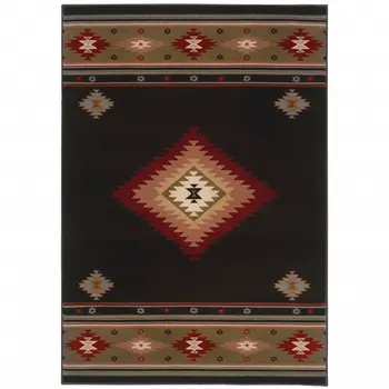 8' X 11' Black And Green Southwestern Power Loom Stain Resistant Area Rug