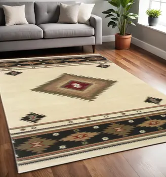 5' X 8' Beige Southwestern Power Loom Stain Resistant Area Rug