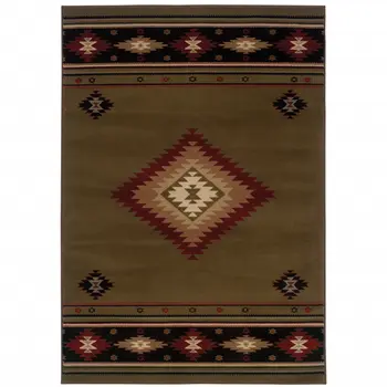 10' X 13' Green Southwestern Power Loom Stain Resistant Area Rug