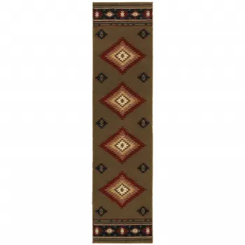 2' X 8' Green Southwestern Power Loom Stain Resistant Runner Rug