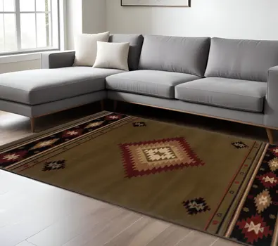 8' X 11' Green Southwestern Power Loom Stain Resistant Area Rug