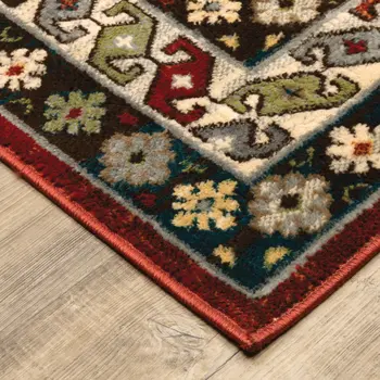 10' X 13' Red Deep Teal Ivory Grey And Green Southwestern Power Loom Stain Resistant Area Rug