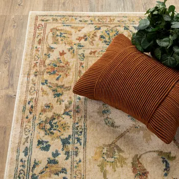 10' X 13' Beige Gold And Teal Oriental Power Loom Stain Resistant Area Rug