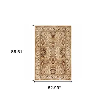 5' X 7' Beige Grey Dolphin Blue Deep Teal Gold And Orange Oriental Power Loom Stain Resistant Area Rug