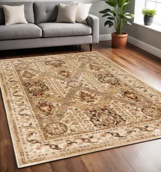 5' X 7' Beige Grey Dolphin Blue Deep Teal Gold And Orange Oriental Power Loom Stain Resistant Area Rug