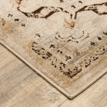 5' X 7' Beige Grey Dolphin Blue Deep Teal Gold And Orange Oriental Power Loom Stain Resistant Area Rug