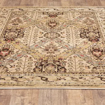 5' X 7' Beige Grey Dolphin Blue Deep Teal Gold And Orange Oriental Power Loom Stain Resistant Area Rug