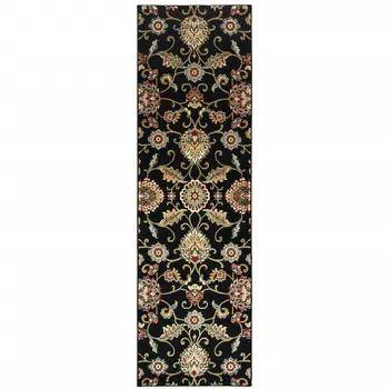 2' X 8' Black Red Green Ivory Salmon And Yellow Floral Power Loom Stain Resistant Runner Rug