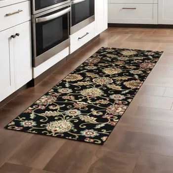 2' X 8' Black Red Green Ivory Salmon And Yellow Floral Power Loom Stain Resistant Runner Rug