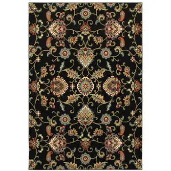 4' X 6' Black Red Green Ivory Salmon And Yellow Floral Power Loom Stain Resistant Area Rug