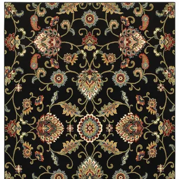 5' X 8' Black Red Green Ivory Salmon And Yellow Floral Power Loom Stain Resistant Area Rug