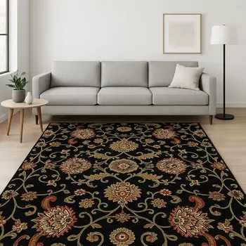 10' X 13' Black Red Green Ivory Salmon And Yellow Floral Power Loom Stain Resistant Area Rug