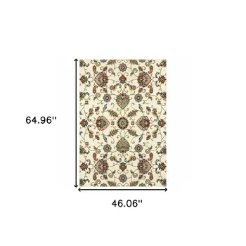 4' X 6' Ivory Green Blue Red Salmon And Yellow Floral Power Loom Stain Resistant Area Rug