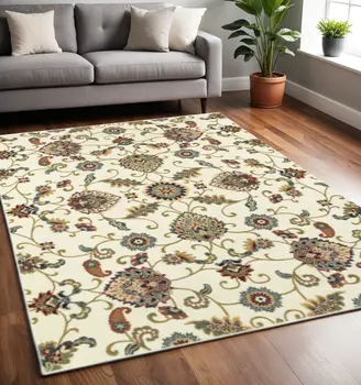 5' X 8' Ivory Green Blue Red Salmon And Yellow Floral Power Loom Stain Resistant Area Rug