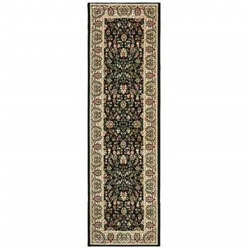 2' X 8' Black And Ivory Oriental Power Loom Stain Resistant Runner Rug