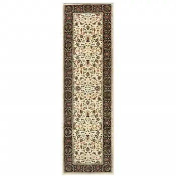 2' X 8' Ivory And Black Oriental Power Loom Stain Resistant Runner Rug