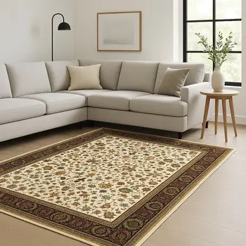 10' X 13' Ivory And Black Oriental Power Loom Stain Resistant Area Rug