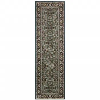 8' Navy Blue Green And Orange Oriental Runner Rug
