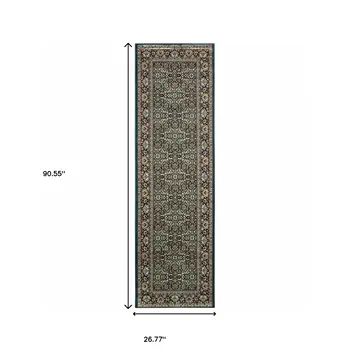 8' Navy Blue Green And Orange Oriental Runner Rug
