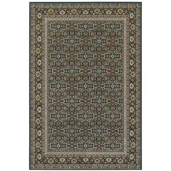 8' X 11' Navy Blue Green Red Ivory And Yellow Oriental Power Loom Stain Resistant Area Rug