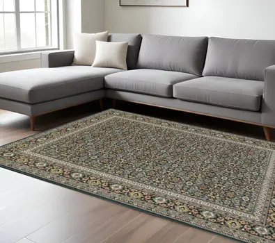 8' X 11' Navy Blue Green Red Ivory And Yellow Oriental Power Loom Stain Resistant Area Rug