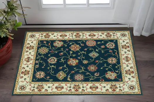 2' X 4' Navy And Ivory Oriental Power Loom Stain Resistant Area Rug