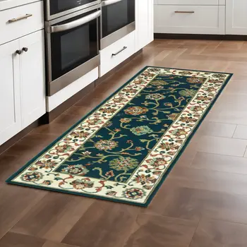 2' X 8' Navy And Ivory Oriental Power Loom Stain Resistant Runner Rug