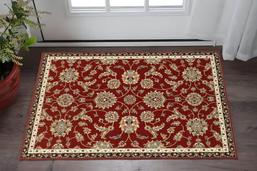 2' X 4' Red Black Blue Ivory Green And Salmon Oriental Power Loom Stain Resistant Area Rug