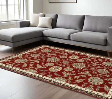 8' X 11' Red Black Blue Ivory Green And Salmon Oriental Power Loom Stain Resistant Area Rug