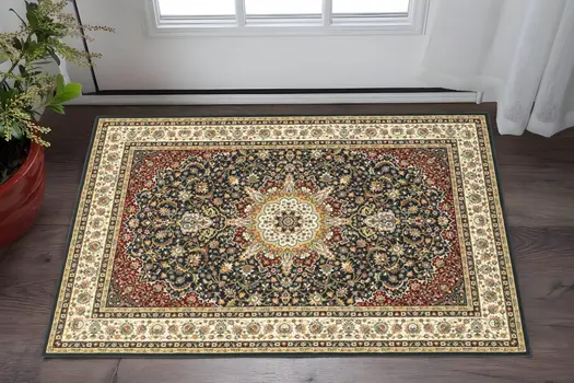 2' X 4' Navy And Ivory Oriental Power Loom Stain Resistant Area Rug