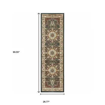2' X 8' Navy And Ivory Oriental Power Loom Stain Resistant Runner Rug