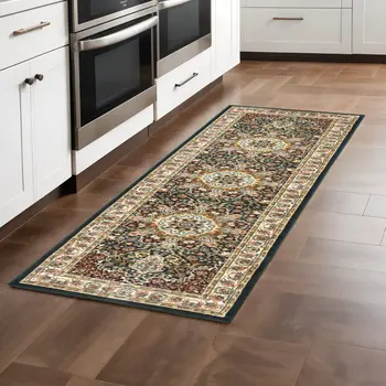 2' X 8' Navy And Ivory Oriental Power Loom Stain Resistant Runner Rug