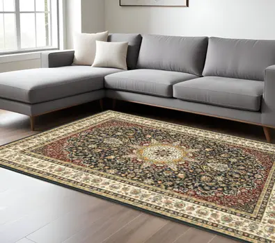 10' X 13' Navy And Ivory Oriental Power Loom Stain Resistant Area Rug
