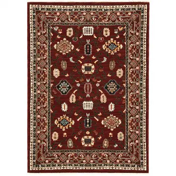 3' X 5' Red Black Ivory And Brown Oriental Power Loom Stain Resistant Area Rug With Fringe