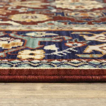 5' X 8' Red Blue Orange And Beige Oriental Power Loom Stain Resistant Area Rug With Fringe