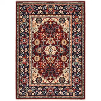 6' X 9' Red Blue Orange And Beige Oriental Power Loom Stain Resistant Area Rug With Fringe
