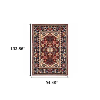 8' X 11' Red Blue Orange And Beige Oriental Power Loom Stain Resistant Area Rug With Fringe