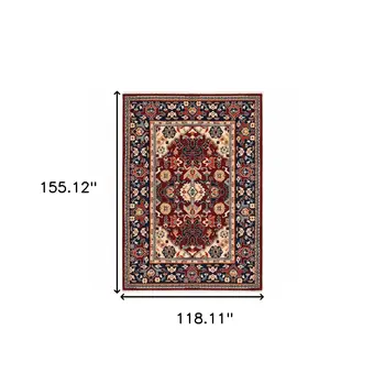 10' X 13' Red Blue Orange And Beige Oriental Power Loom Stain Resistant Area Rug With Fringe