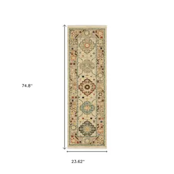 2' X 6' Beige Pale Blue Rust Gold Tan Brown And Orange Oriental Power Loom Stain Resistant Runner Rug With Fringe