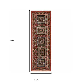 2' X 6' Red Blue Beige And Green Oriental Power Loom Stain Resistant Runner Rug With Fringe